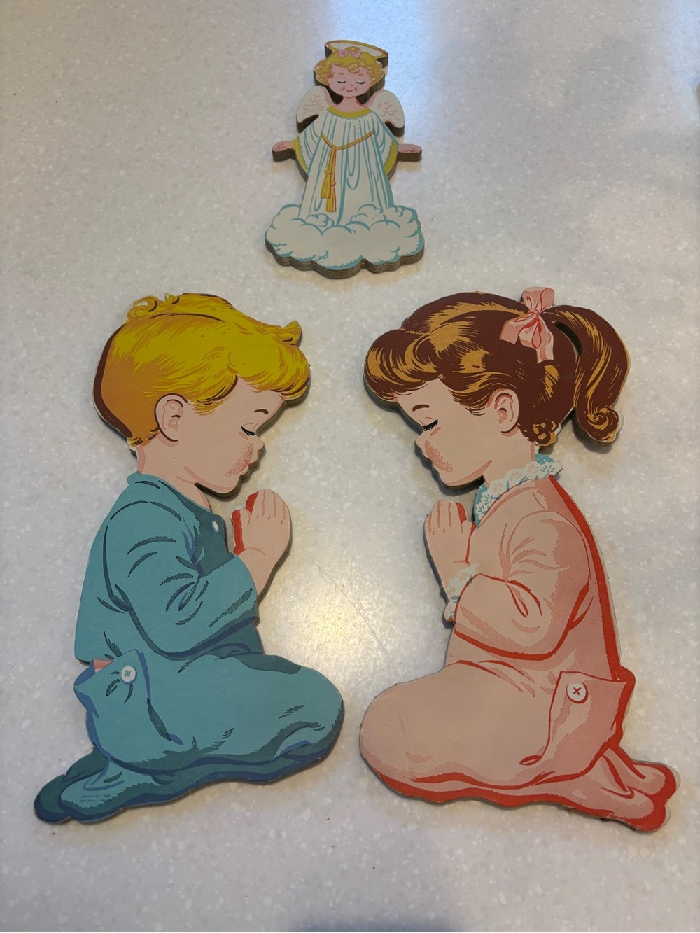 Vintage 50s-60s Praying Wall Plaques Art Boy Girl sleep bedtime guardian Angel